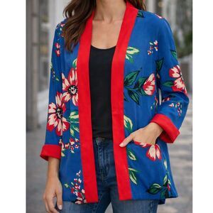 Tropical Floral Kimono Jacket Blue Red Open Front Boho Resort Duster Pockets S-L